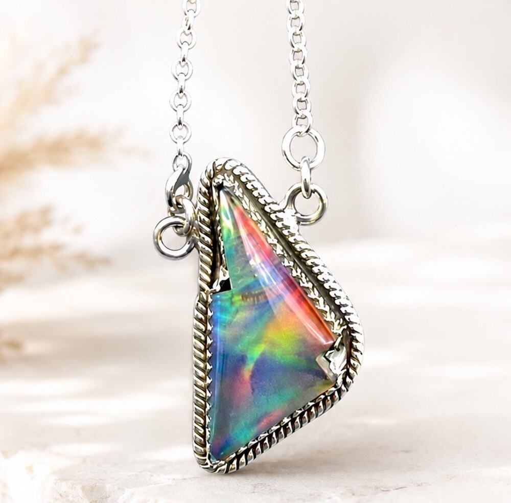 Sterling Silver Aurora Opal Lightning Pendant Necklace Southwest Boho Western